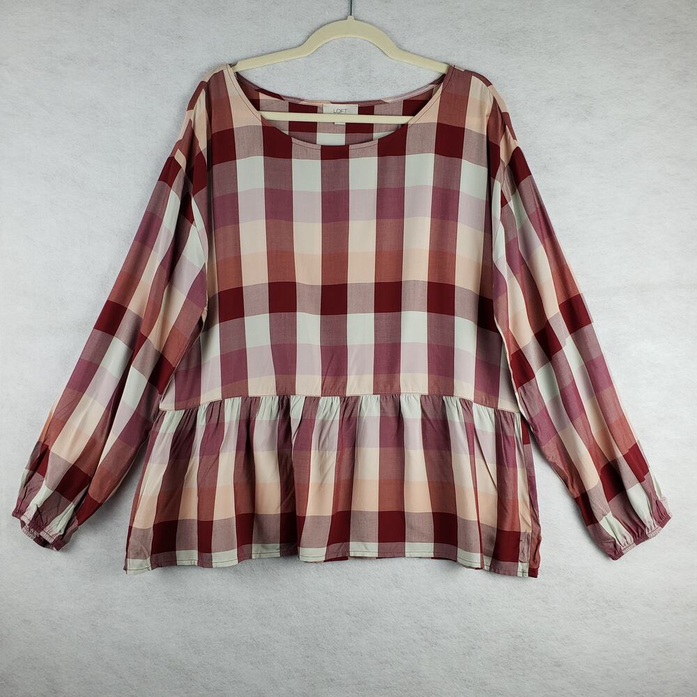 LOFT Plaid Peplum Blouse in Burgundy, Cream, Pink